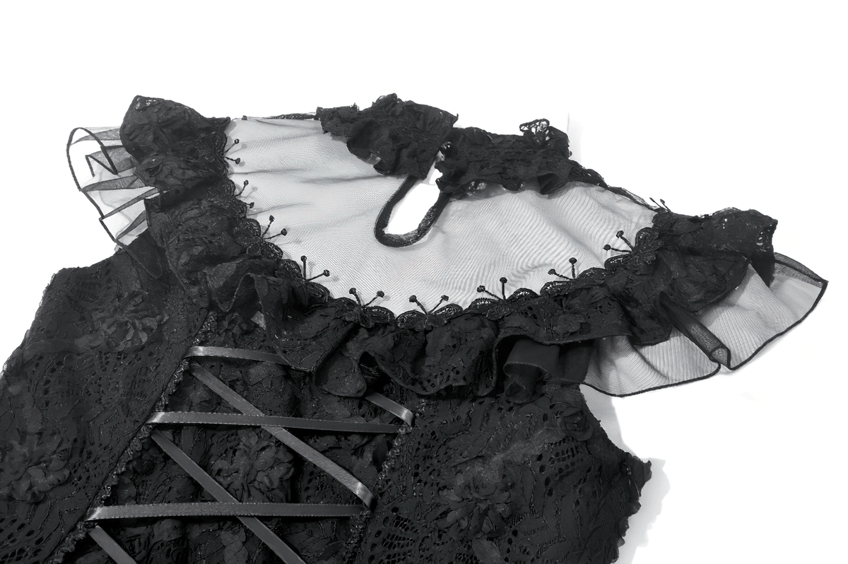 Dark Romantic Lace Mini Dress with Corset Waist and Cross