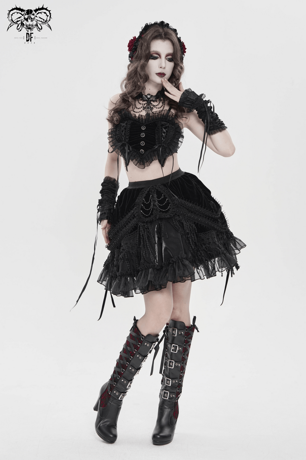 Dark Romantic Layered Velvet Lace Skirt with Chains