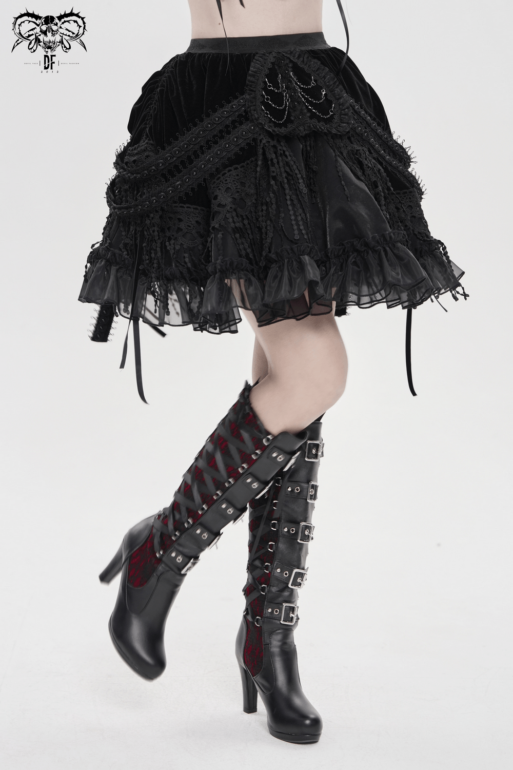 Dark Romantic Layered Velvet Lace Skirt with Chains
