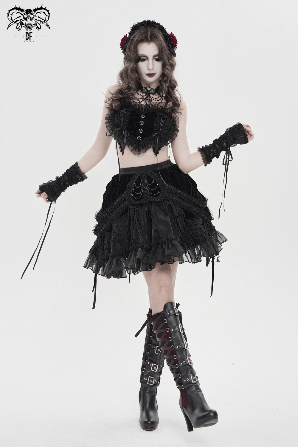Dark Romantic Layered Velvet Lace Skirt with Chains