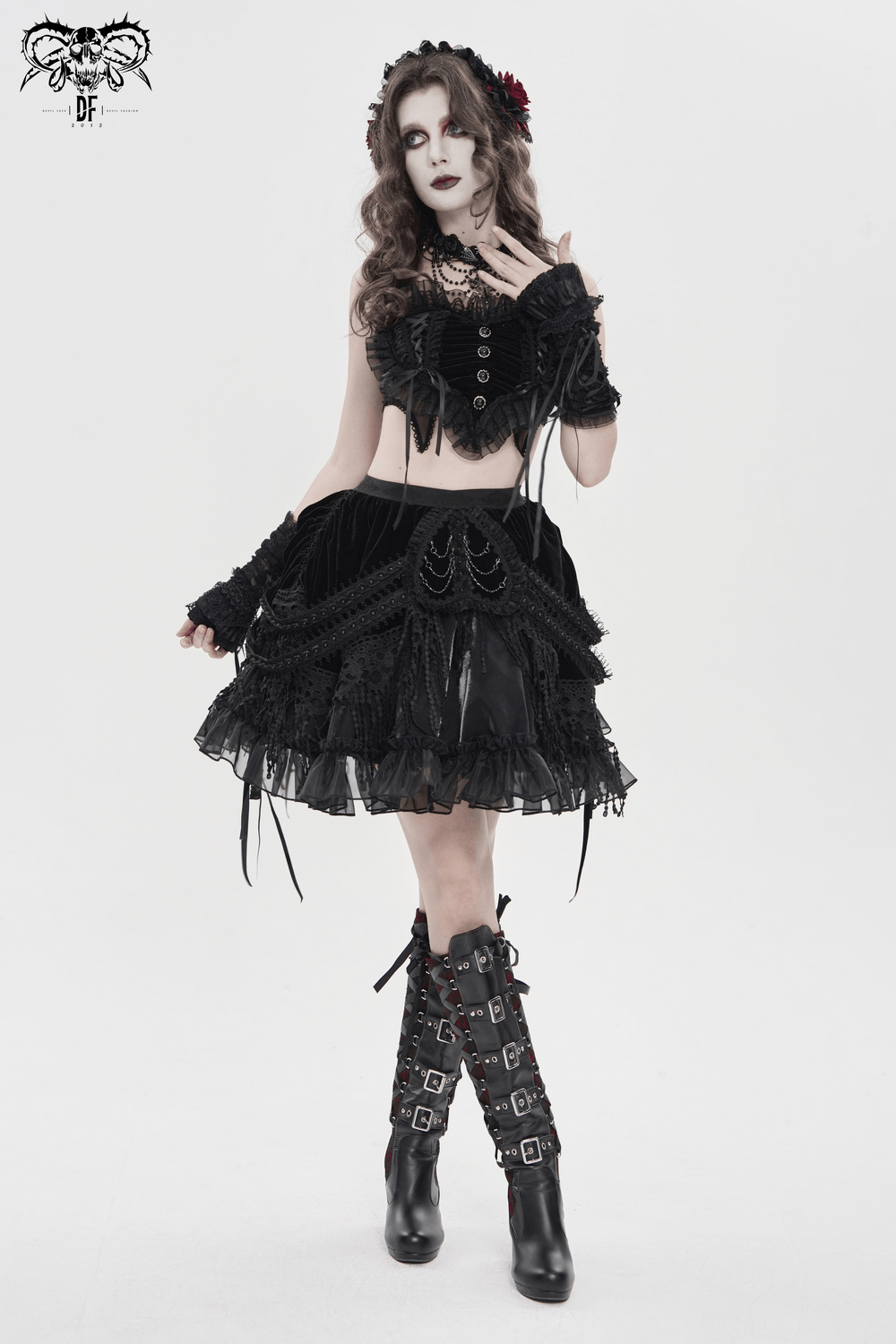 Dark Romantic Layered Velvet Lace Skirt with Chains