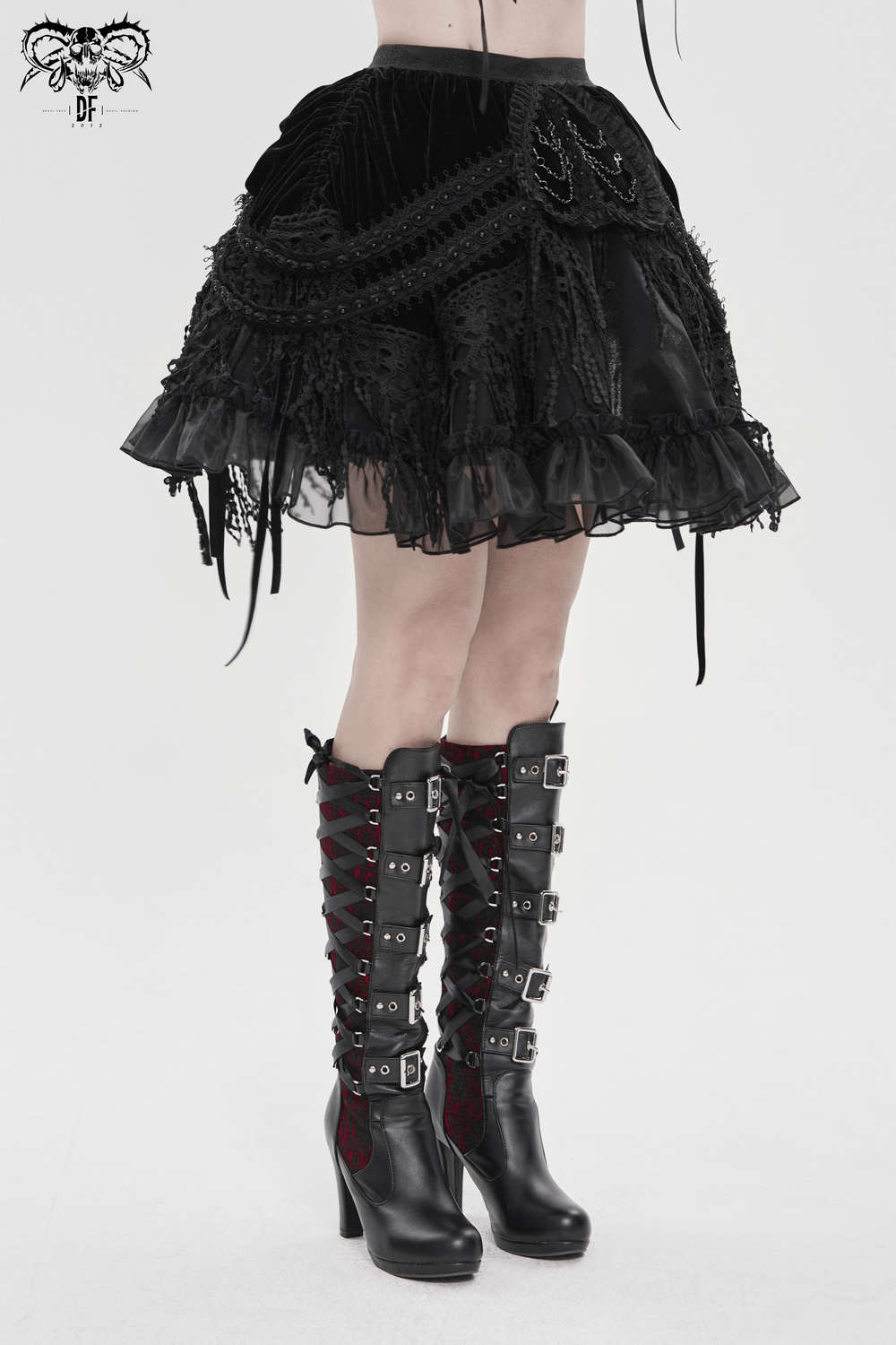 Dark Romantic Layered Velvet Lace Skirt with Chains