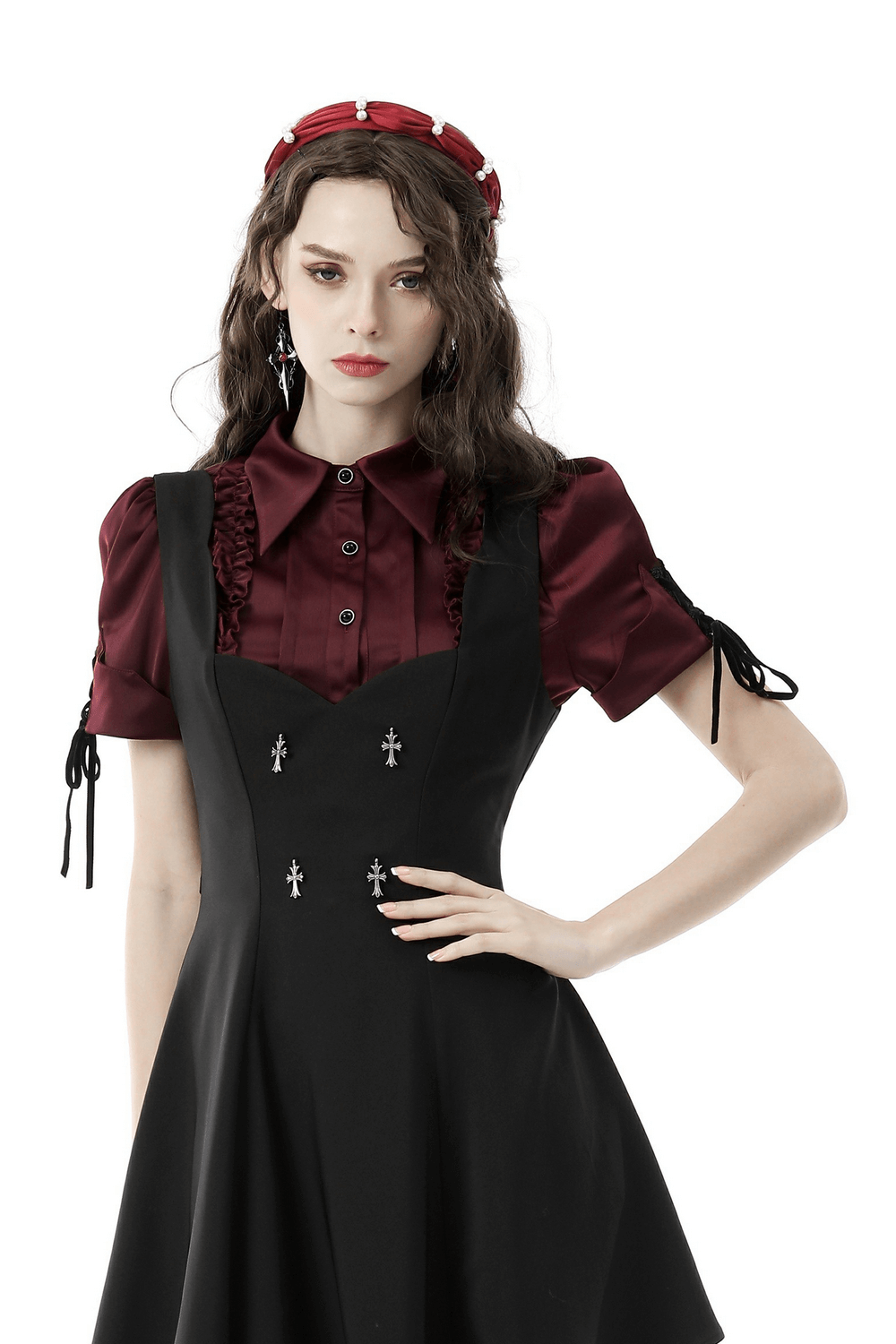 US SALE of Dark Romantic Wine Red Blouse with Puff Sleeves