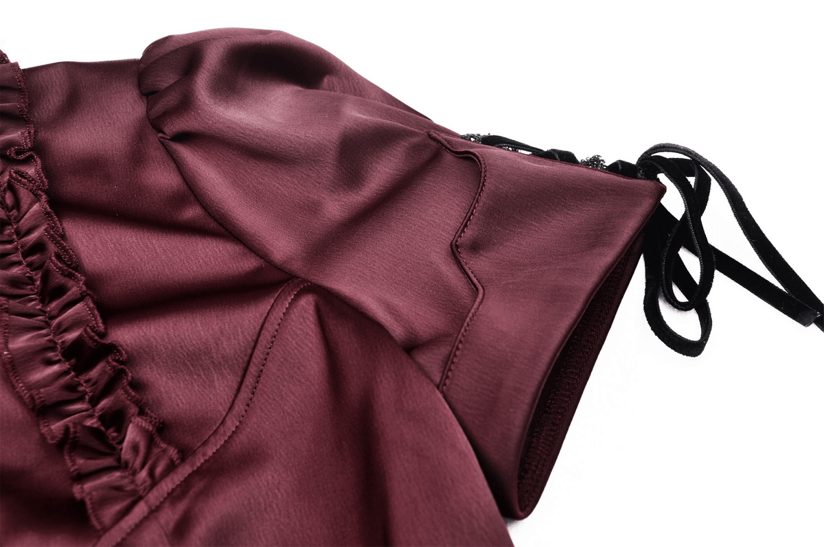 US SALE of Dark Romantic Wine Red Blouse with Puff Sleeves