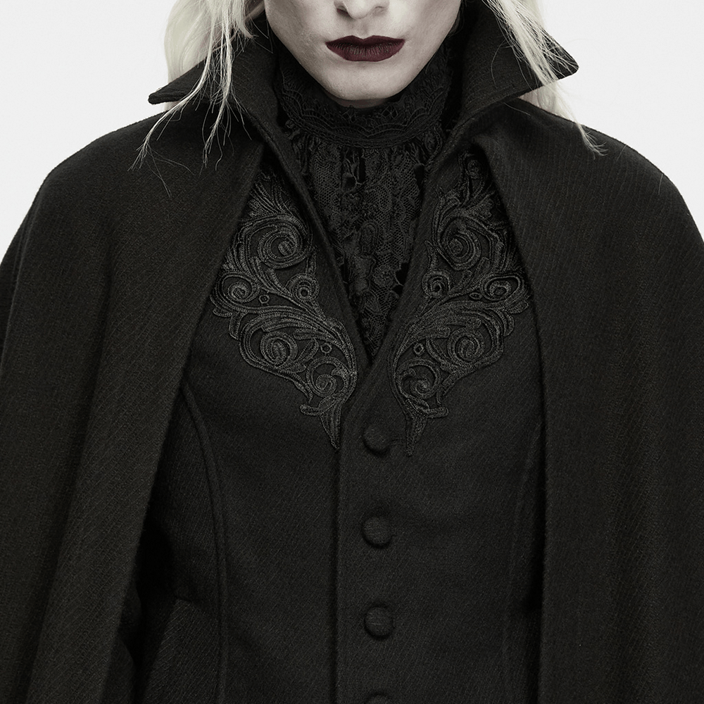 Dark Victorian Black Wool Cloak with Stand Collar