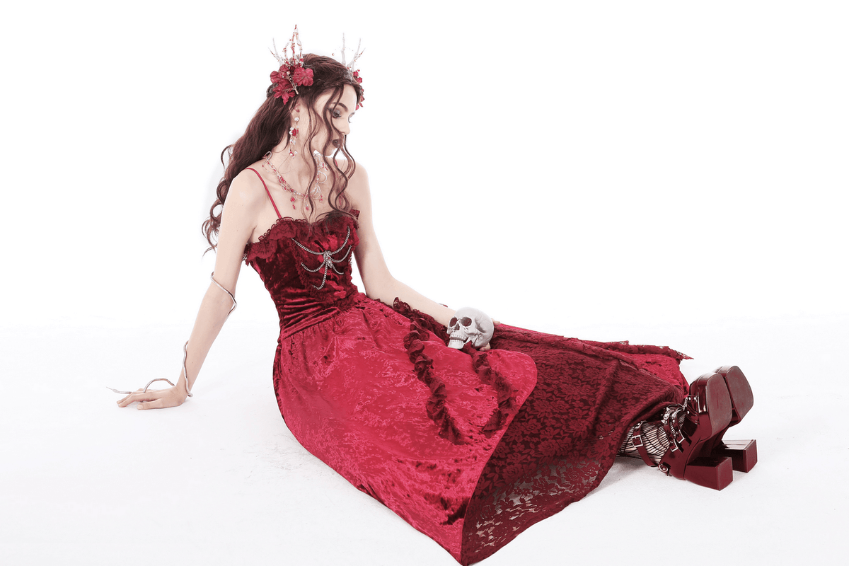 Deep Red Velvet Maxi Dress with Cross Front Detail