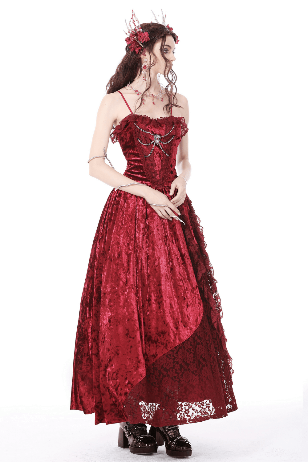 US SALE of Deep Red Velvet Maxi Dress with Cross Front Detail