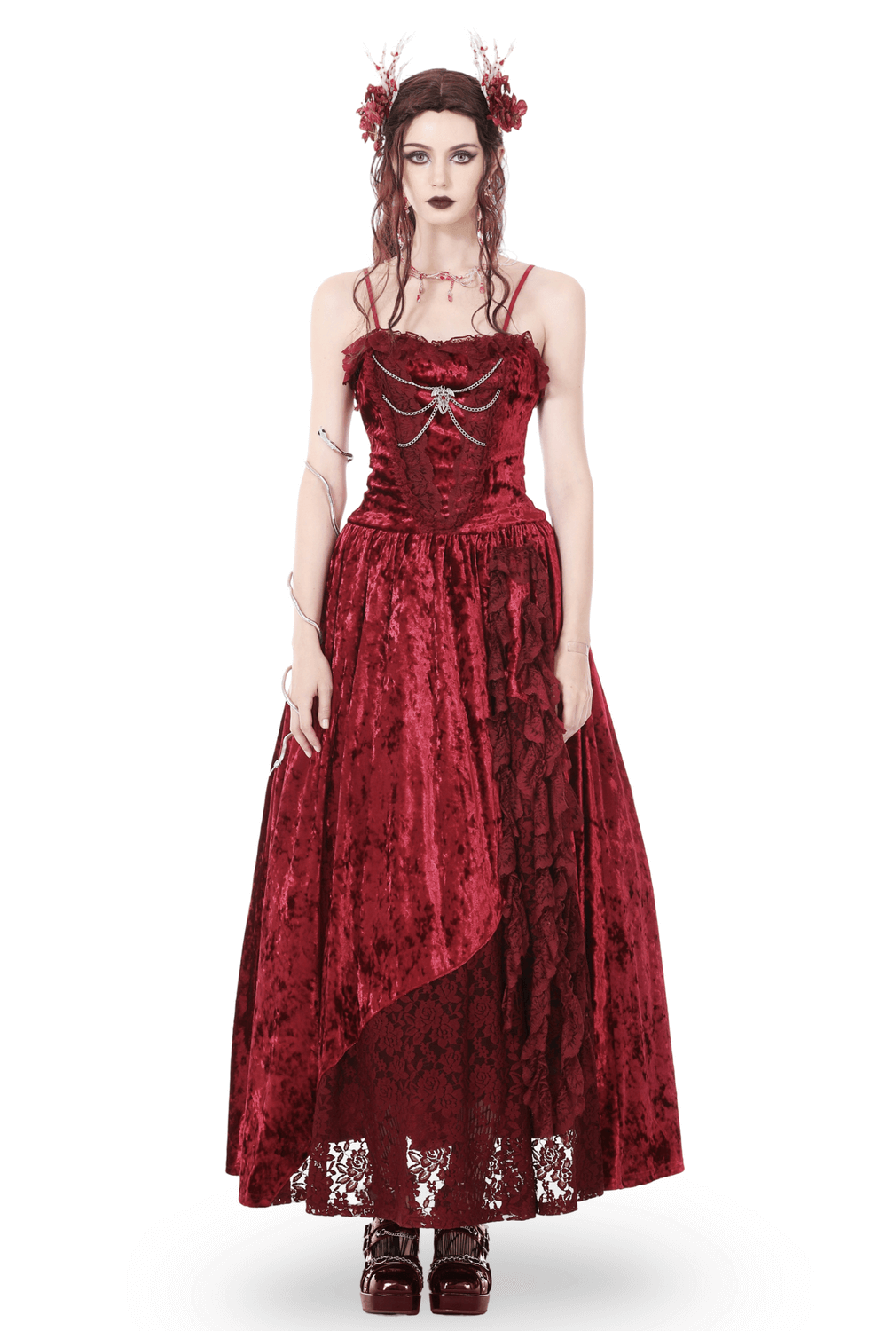 US SALE of Deep Red Velvet Maxi Dress with Cross Front Detail