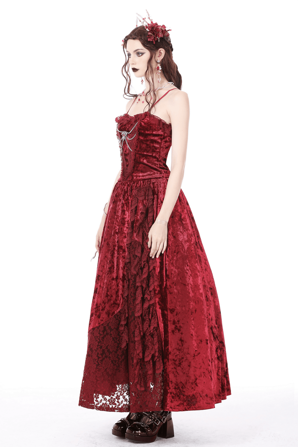 US SALE of Deep Red Velvet Maxi Dress with Cross Front Detail
