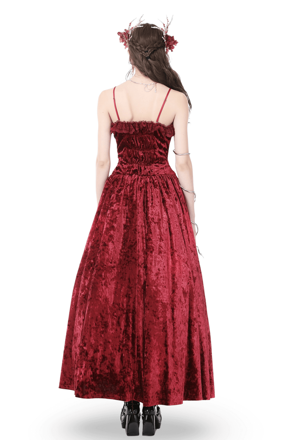 US SALE of Deep Red Velvet Maxi Dress with Cross Front Detail