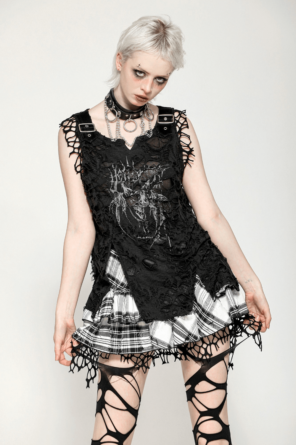 Distressed Black Punk Tank Top with Skull Print and Buckles