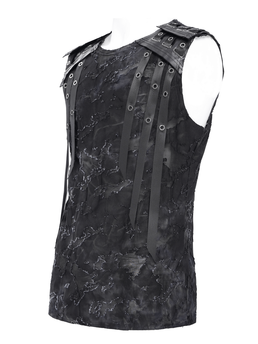 Distressed Black Sleeveless Top with Eyelet Straps Detail