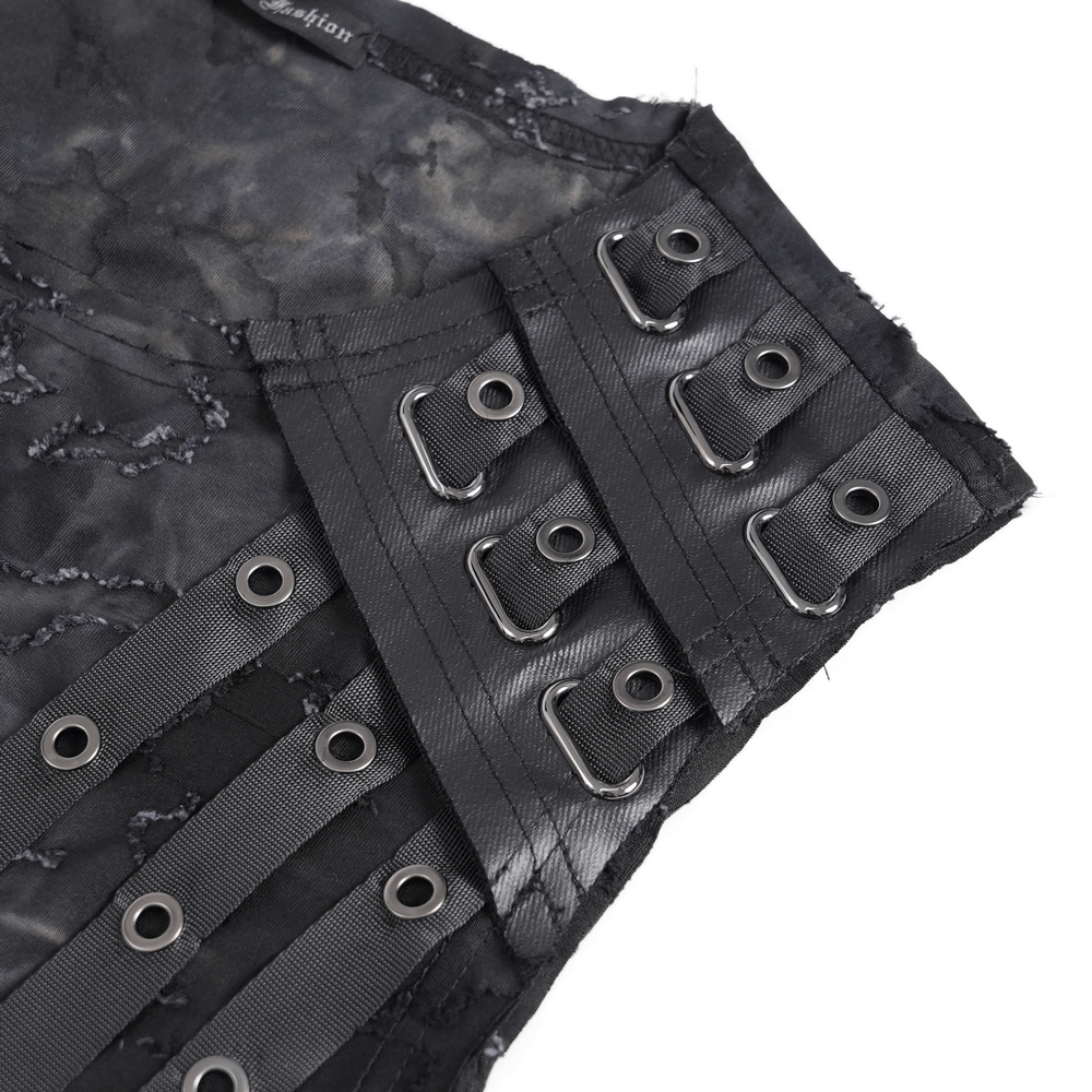 Distressed Black Sleeveless Top with Eyelet Straps Detail