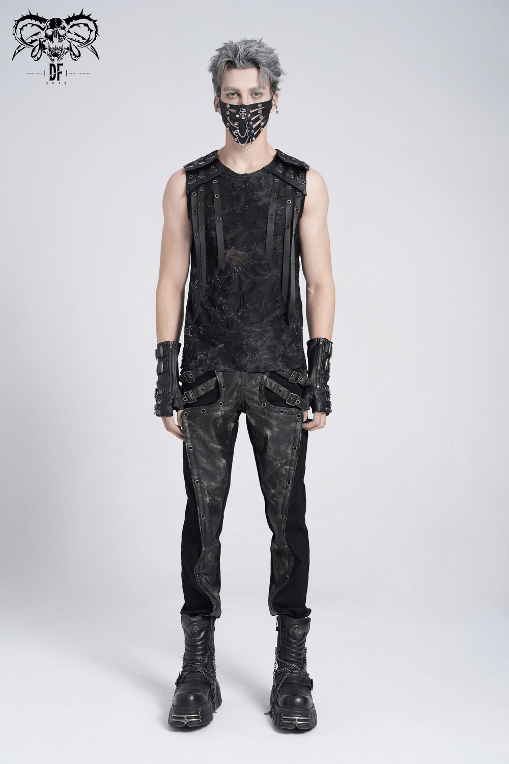 Distressed Black Sleeveless Top with Eyelet Straps Detail