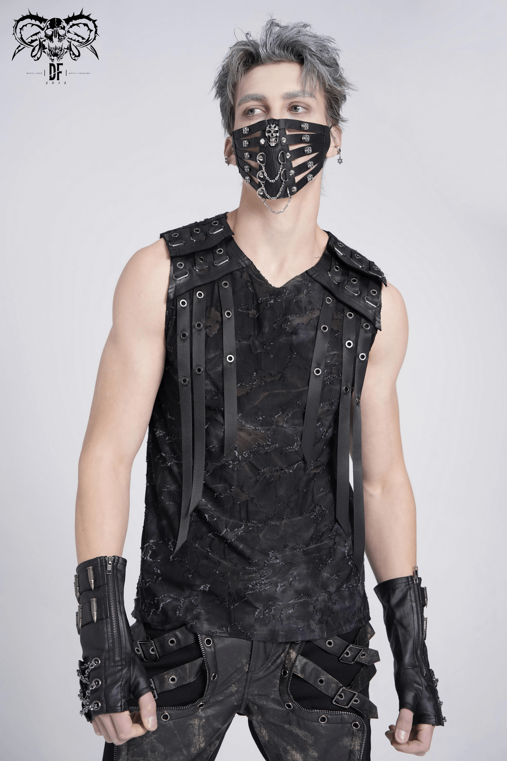 Distressed Black Sleeveless Top with Eyelet Straps Detail