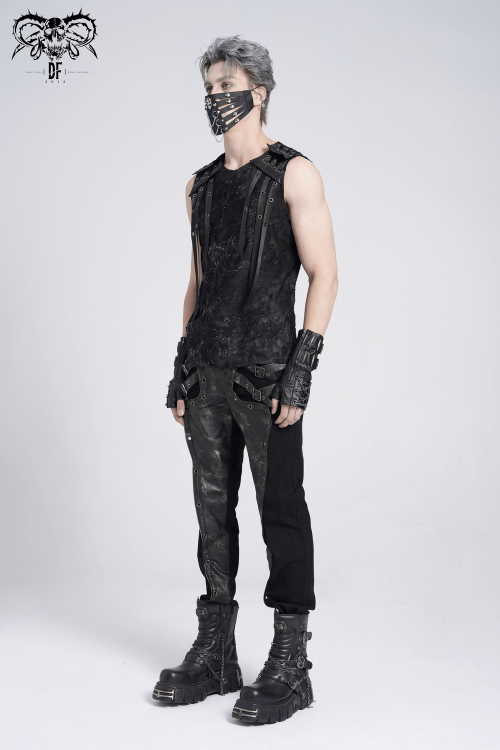 Distressed Black Sleeveless Top with Eyelet Straps Detail