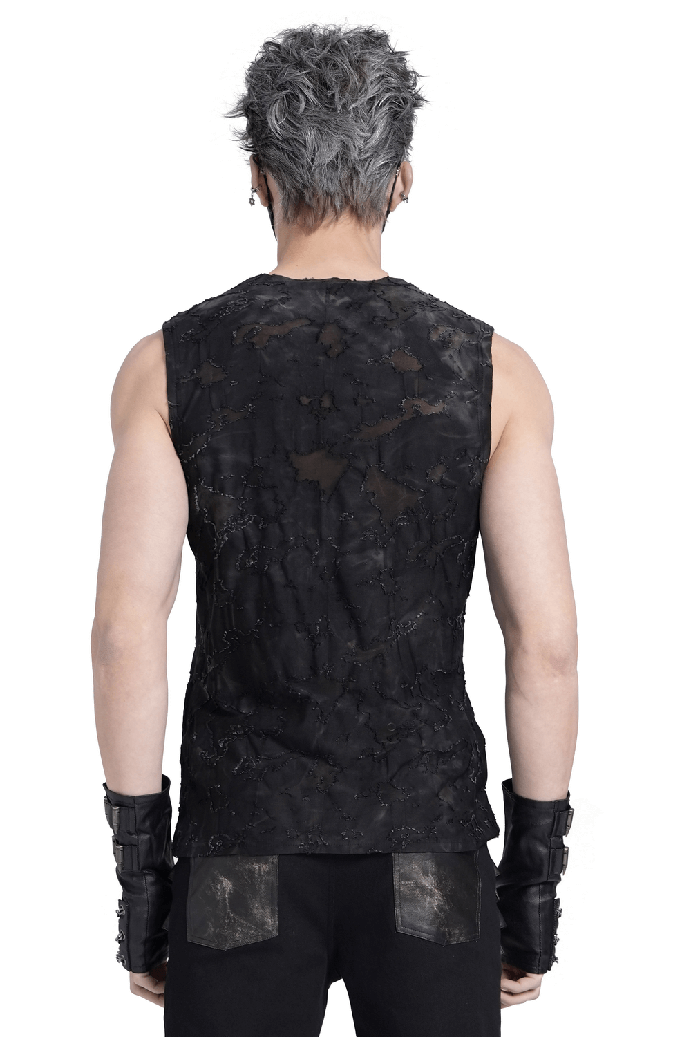 Distressed Black Sleeveless Top with Eyelet Straps Detail