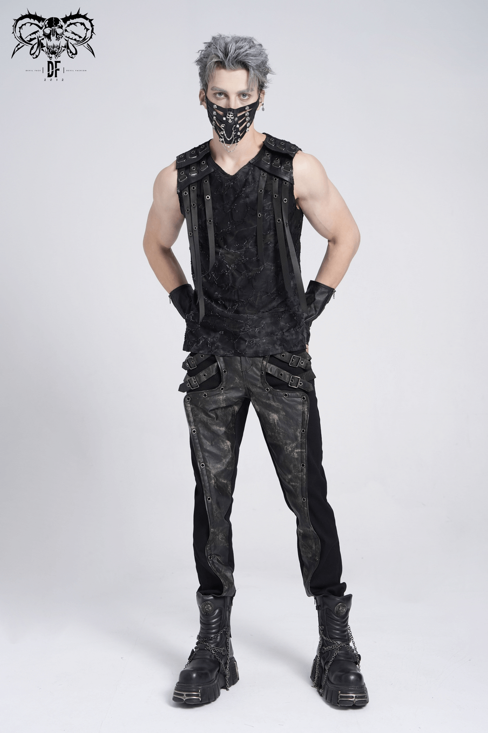 Distressed Black Sleeveless Top with Eyelet Straps Detail