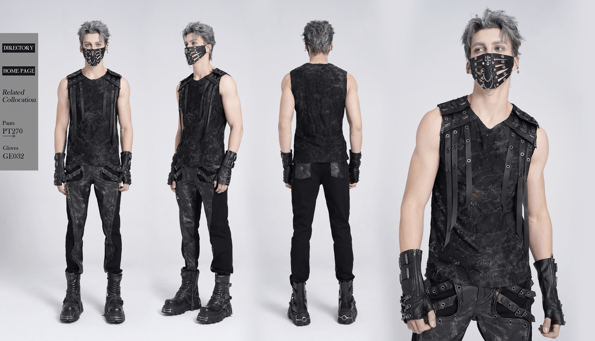 Distressed Black Sleeveless Top with Eyelet Straps Detail