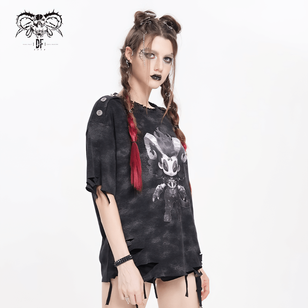 Distressed Demon Graphic T-Shirt with Ties and Rips