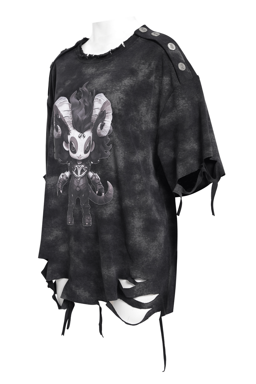 Distressed Demon Graphic T-Shirt with Ties and Rips