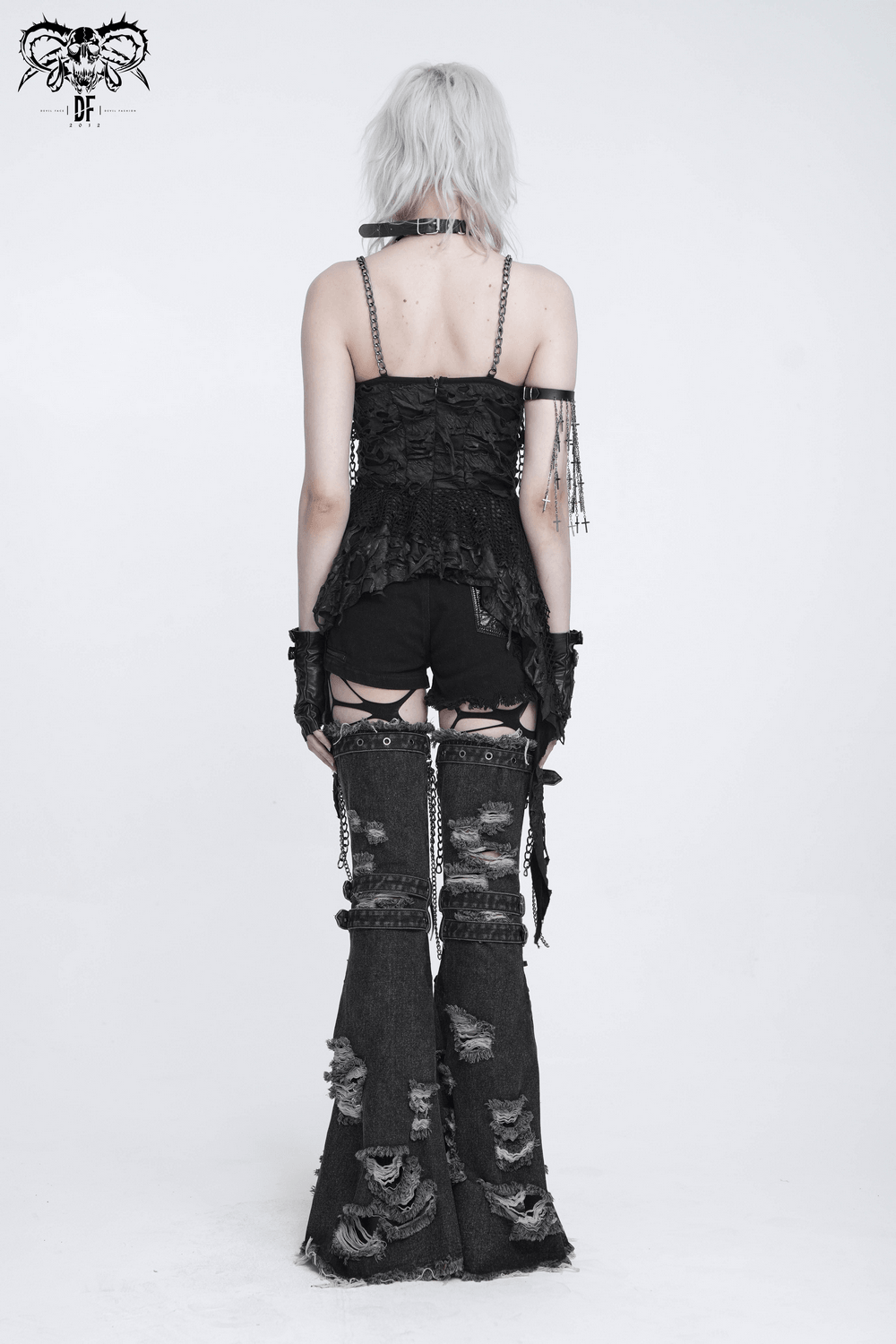 Distressed Denim Leg Warmers with Chains and Buckles