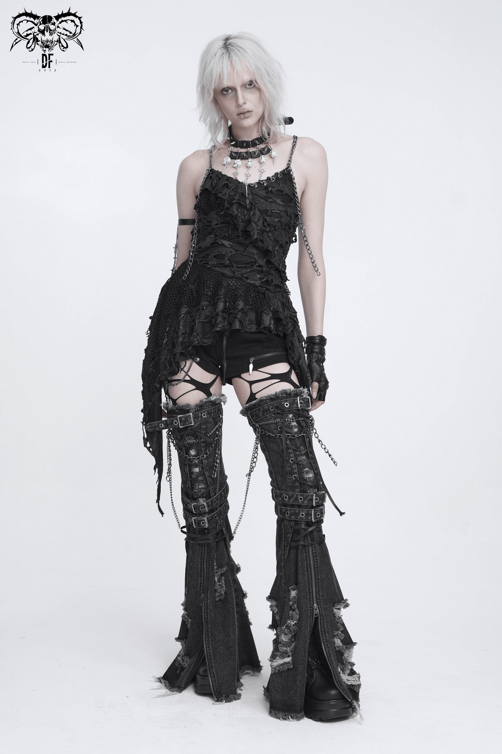 Distressed Denim Leg Warmers with Chains and Buckles