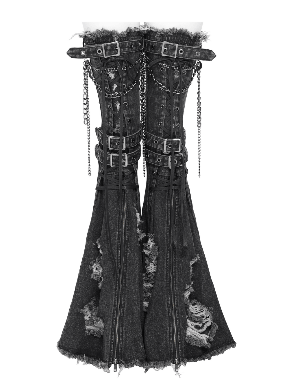 Distressed Denim Leg Warmers with Chains and Buckles