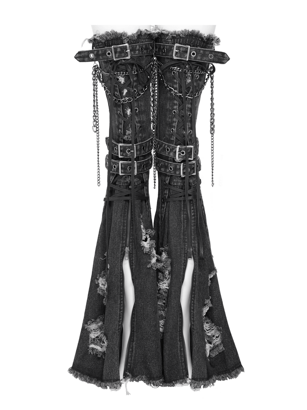 Distressed Denim Leg Warmers with Chains and Buckles