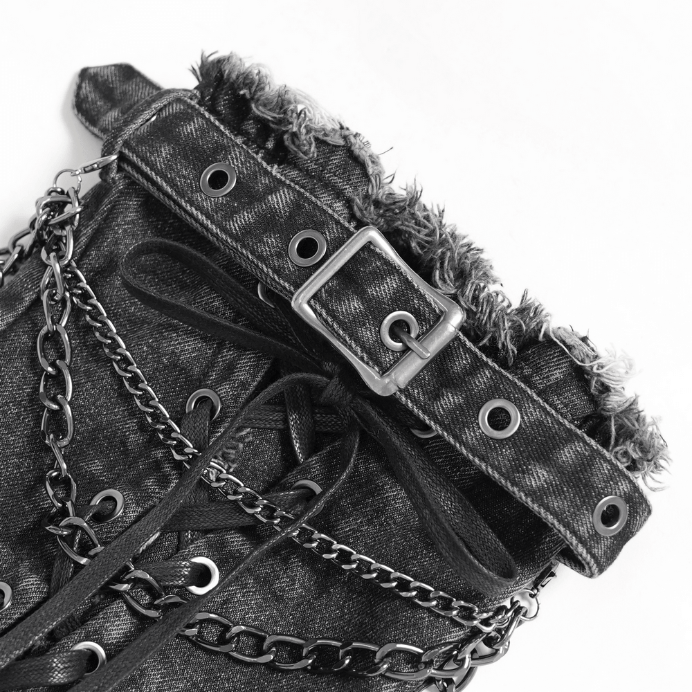 Distressed Denim Leg Warmers with Chains and Buckles
