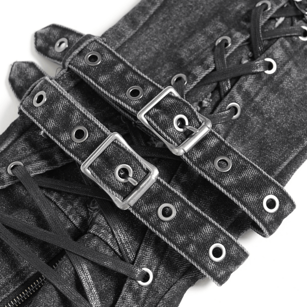 Distressed Denim Leg Warmers with Chains and Buckles