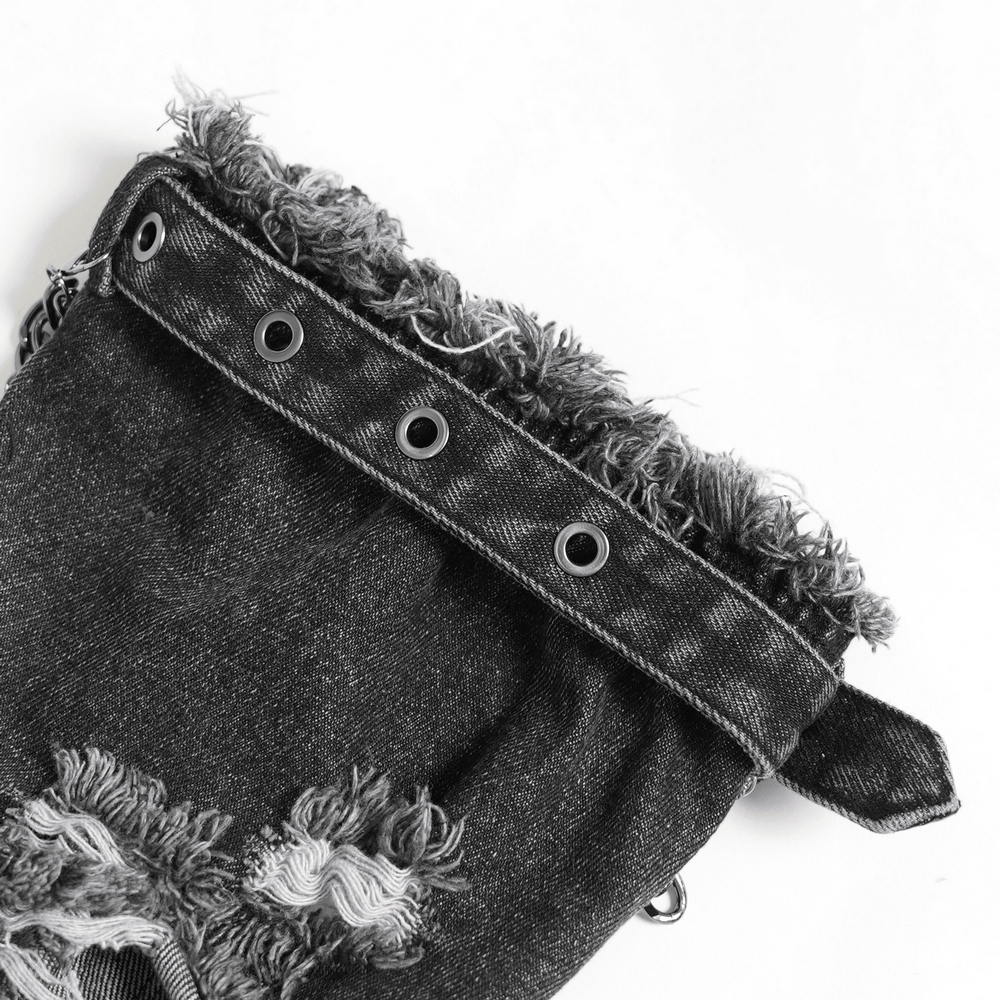 Distressed Denim Leg Warmers with Chains and Buckles