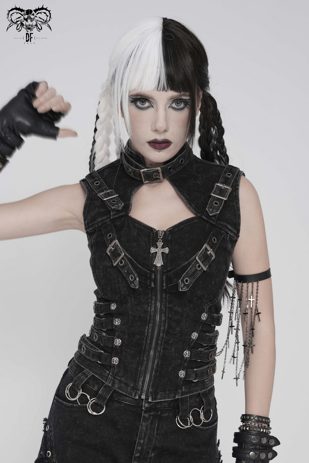 Distressed Gothic Vest With Buckle Strap Detail