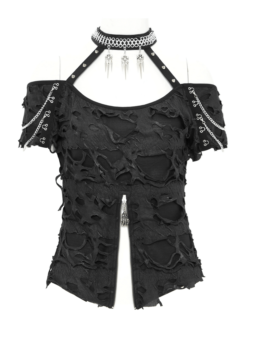Distressed Off-Shoulder Top with Chains and Zipper Detail