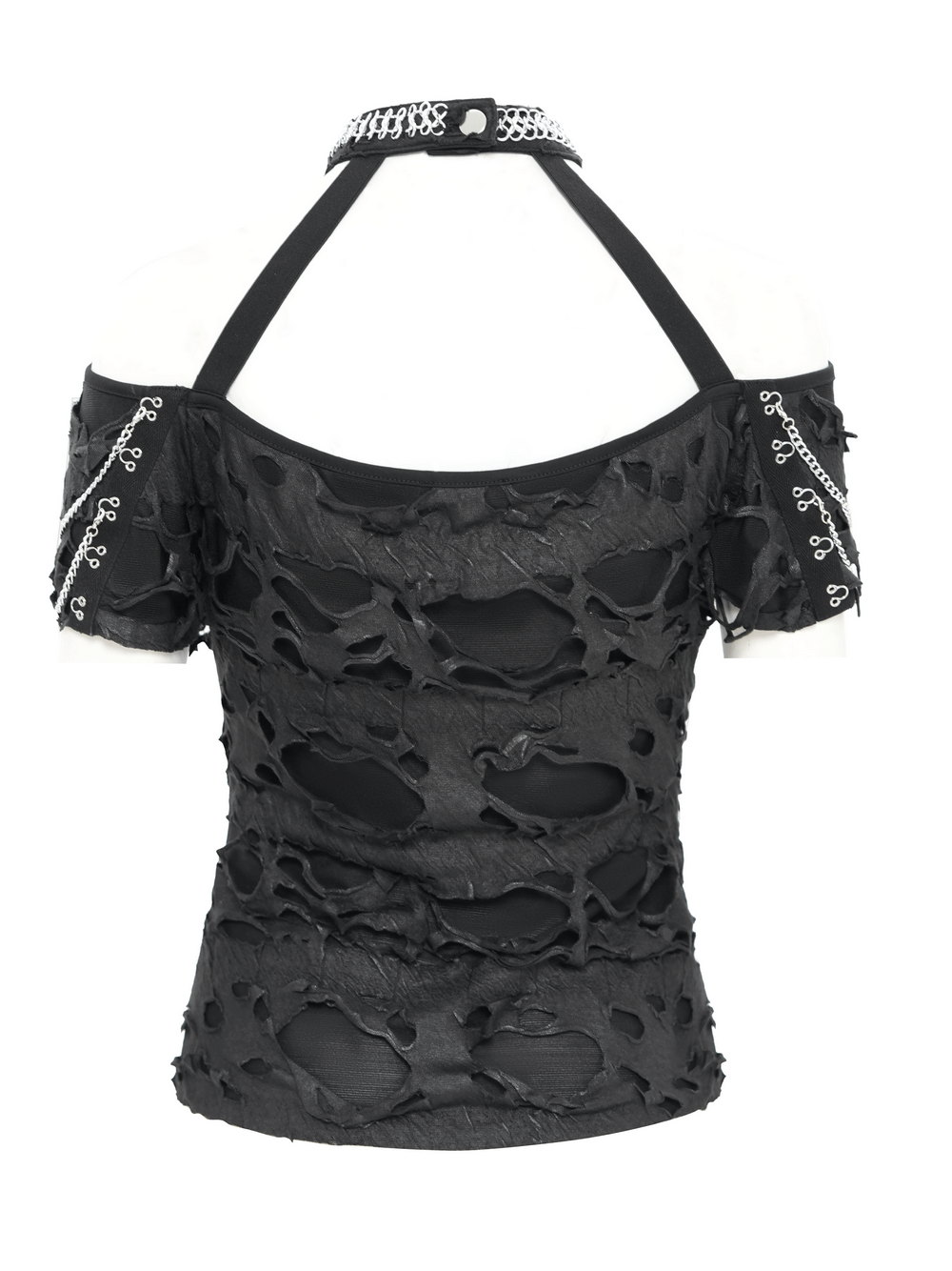 Distressed Off-Shoulder Top with Chains and Zipper Detail