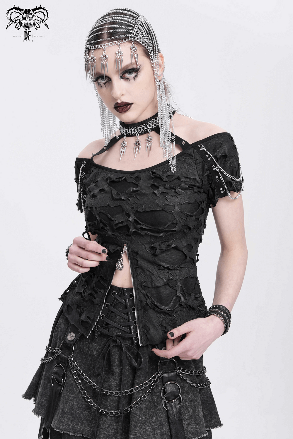 Distressed Off-Shoulder Top with Chains and Zipper Detail