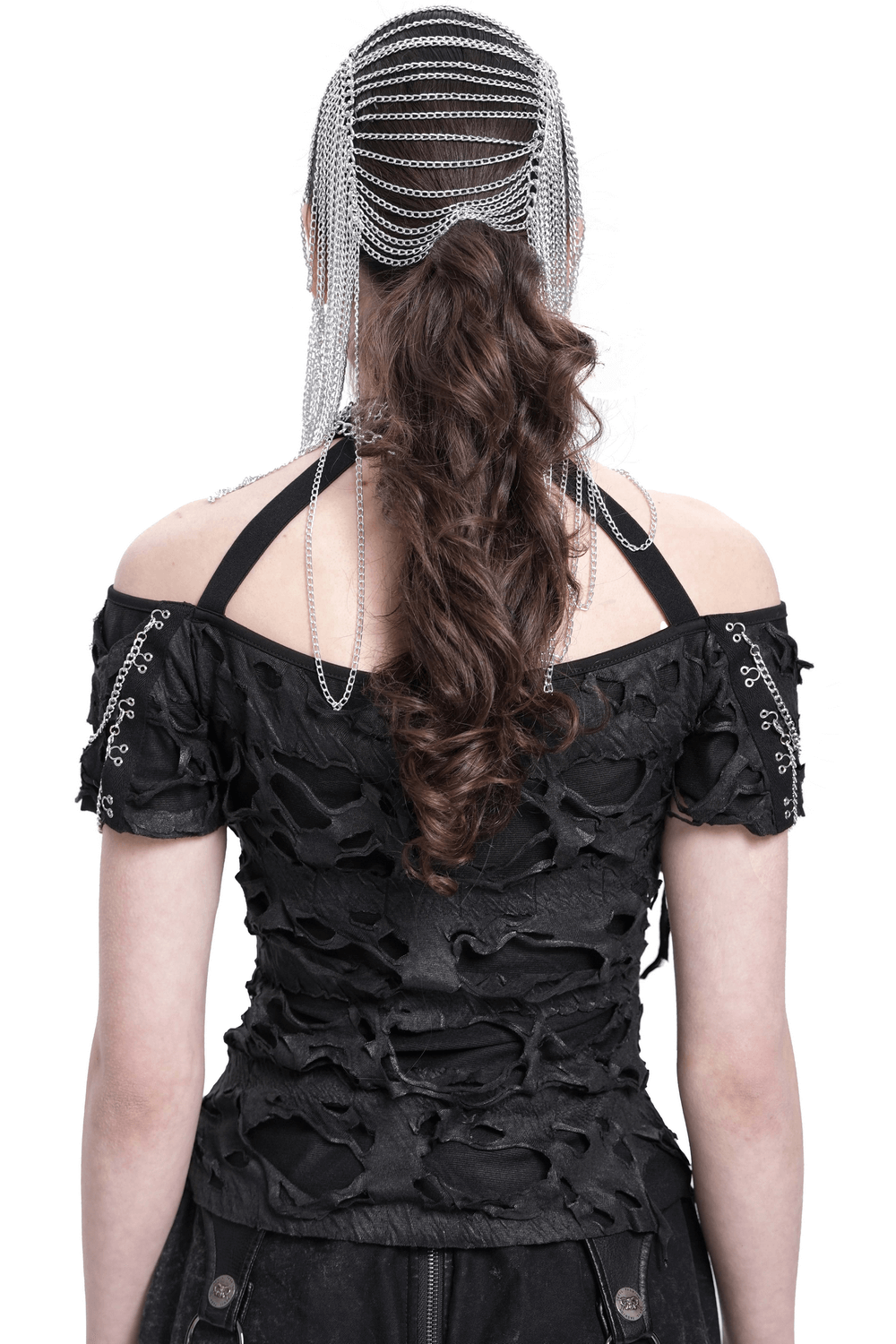 Distressed Off-Shoulder Top with Chains and Zipper Detail