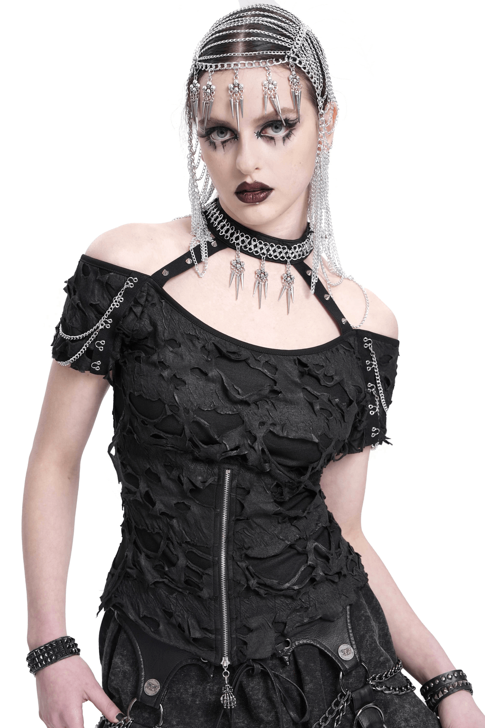 Distressed Off-Shoulder Top with Chains and Zipper Detail