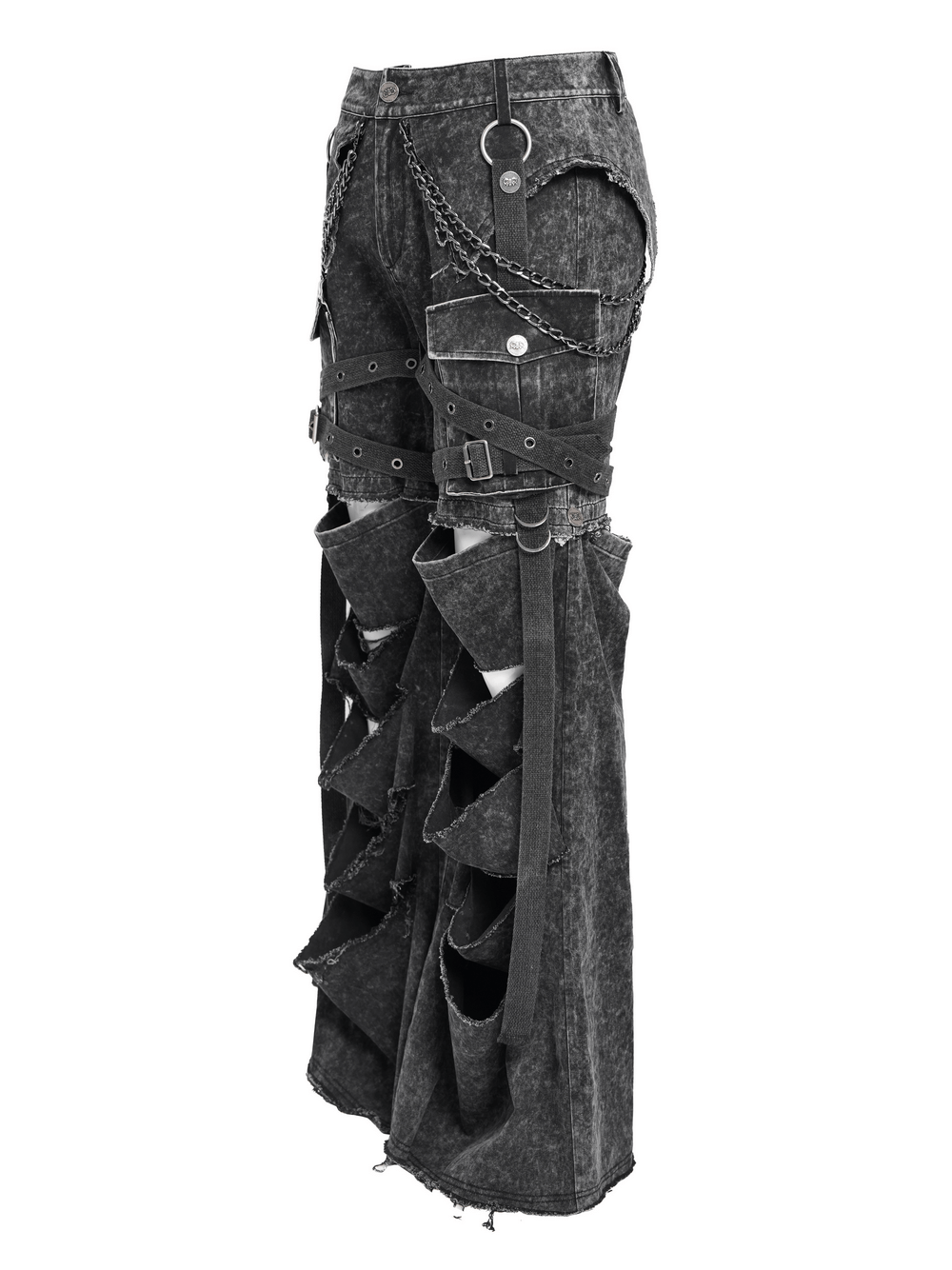 Distressed Pants with Chains and Strap Details for Men