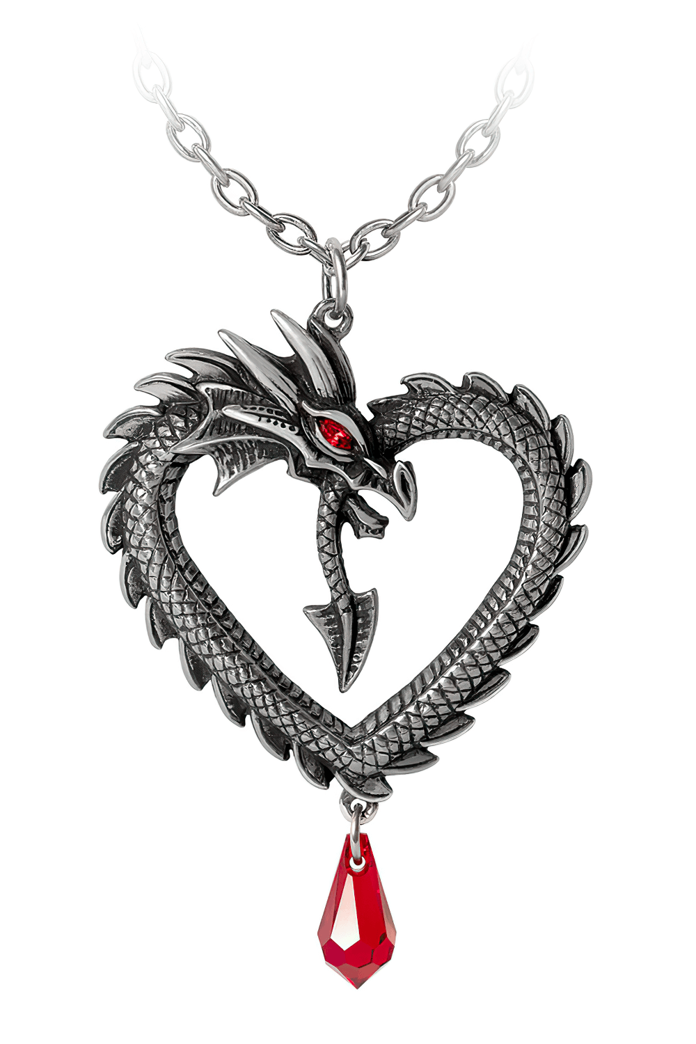 Dragon Heart Pendant with Red Crystal and Satin Ribbon