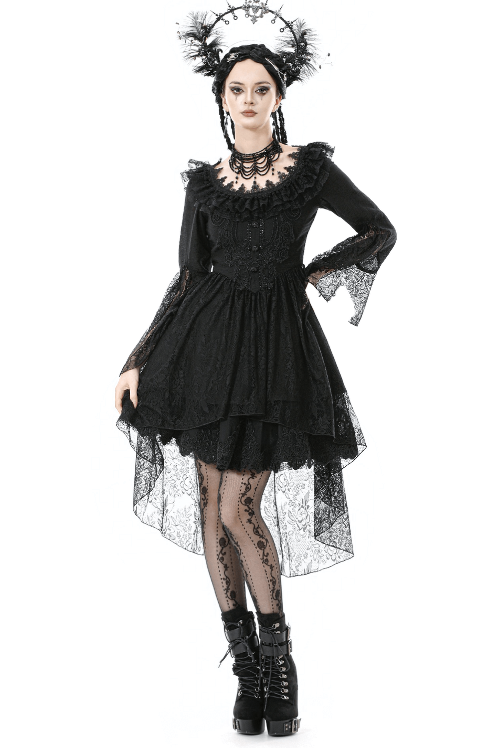 Dramatic Lace High Low Dress with Corset Back and Ruffles