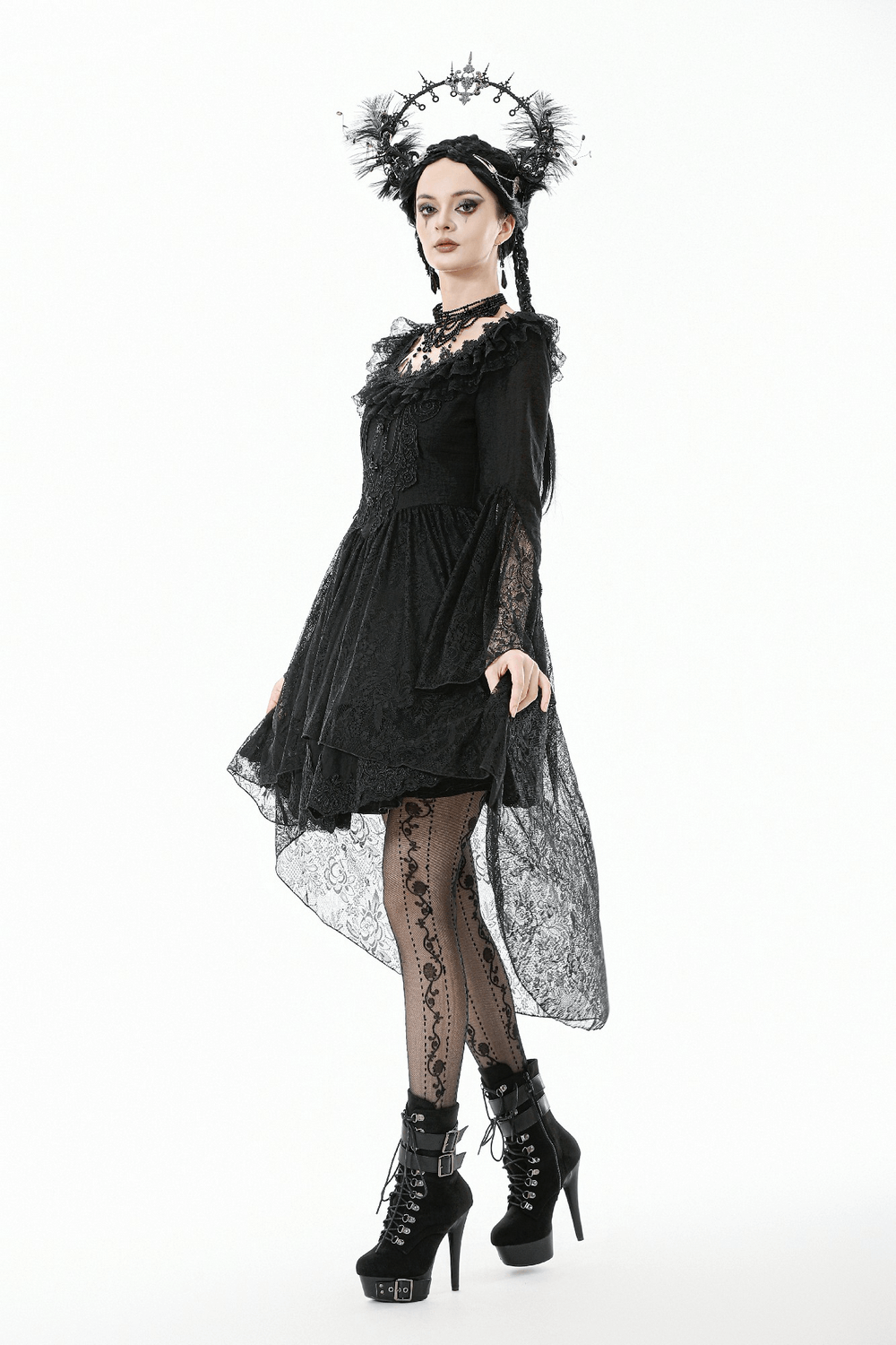 Dramatic Lace High Low Dress with Corset Back and Ruffles
