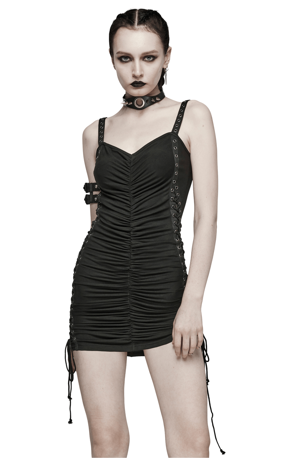 Edgy Adjustable Drawstring Mini Dress with Eyelet Straps