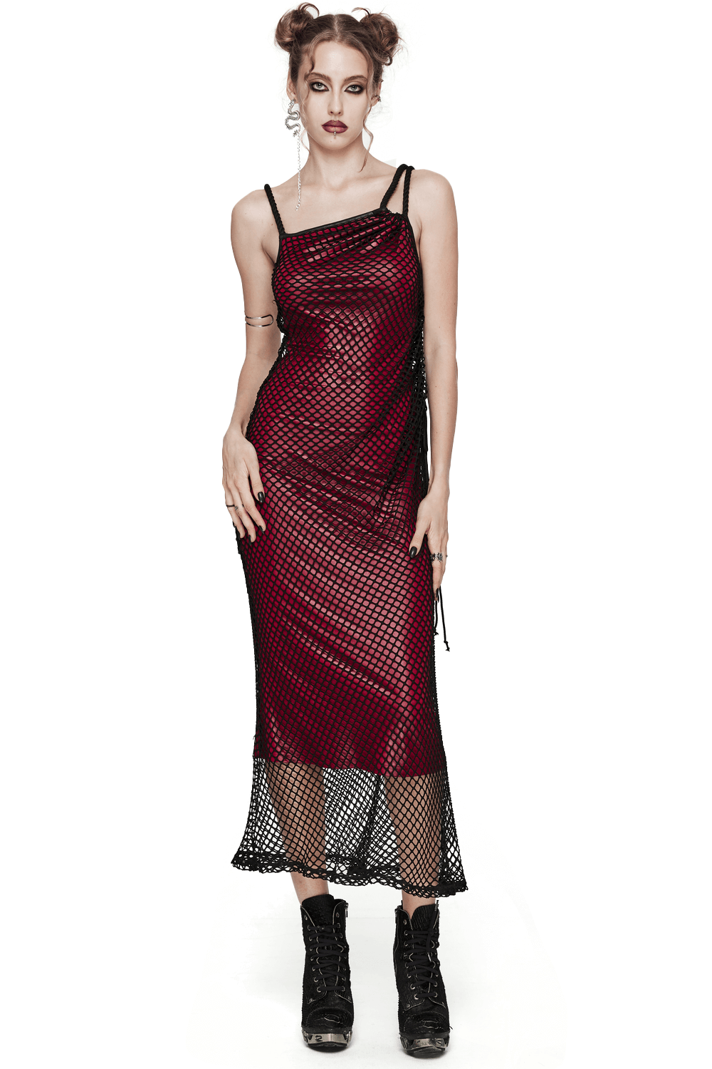 Edgy Goth Asymmetric Dress with Mesh and Shoulder Straps