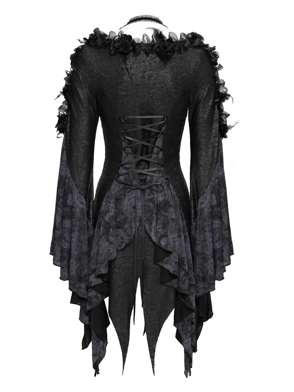 Edgy Lace-Up Blouse with Rose Trim and Bell Sleeves