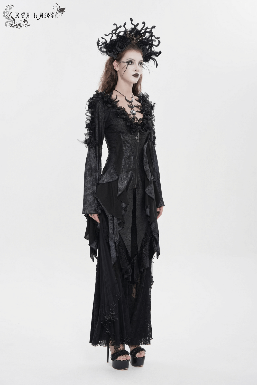 Edgy Lace-Up Blouse with Rose Trim and Bell Sleeves