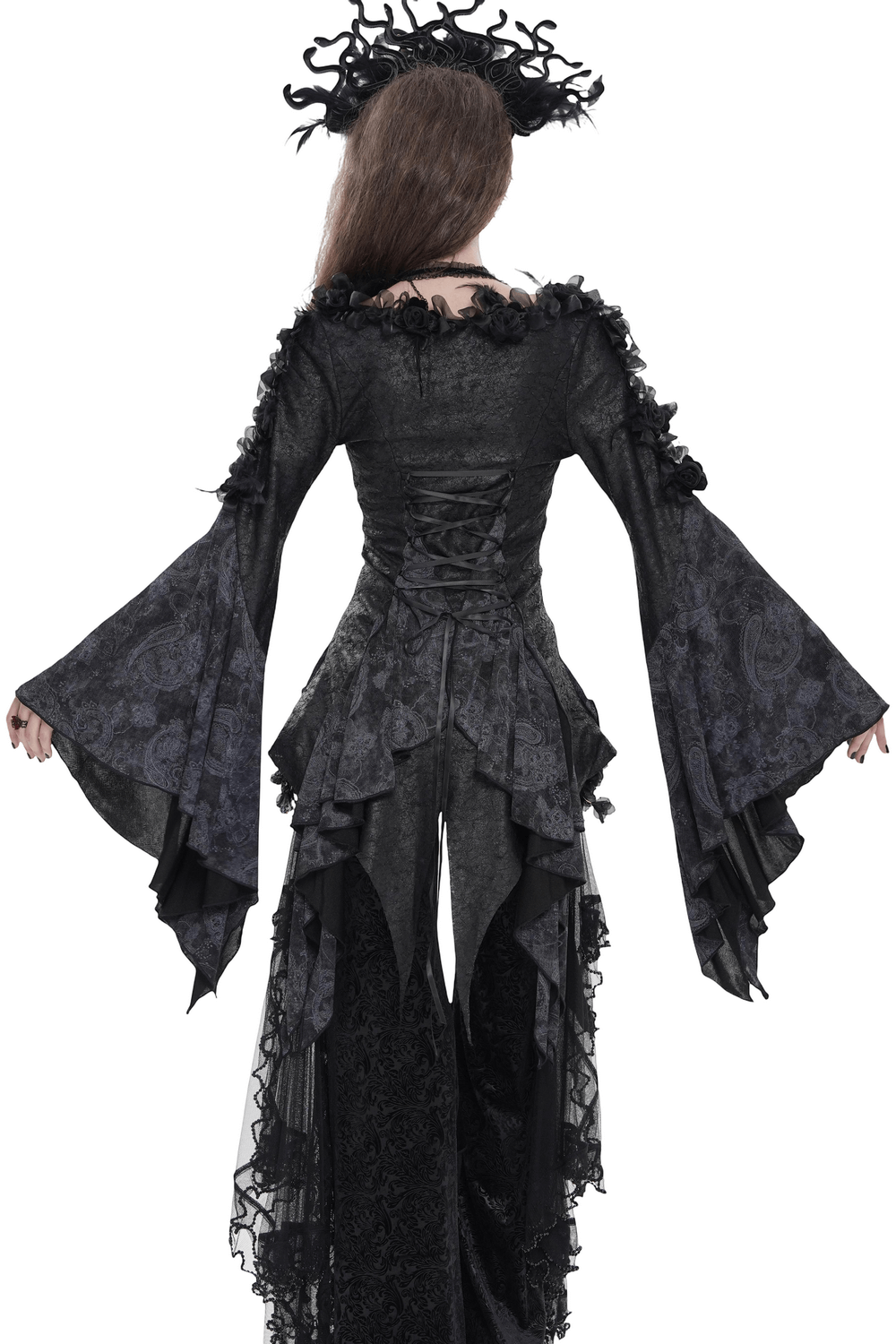Edgy Lace-Up Blouse with Rose Trim and Bell Sleeves