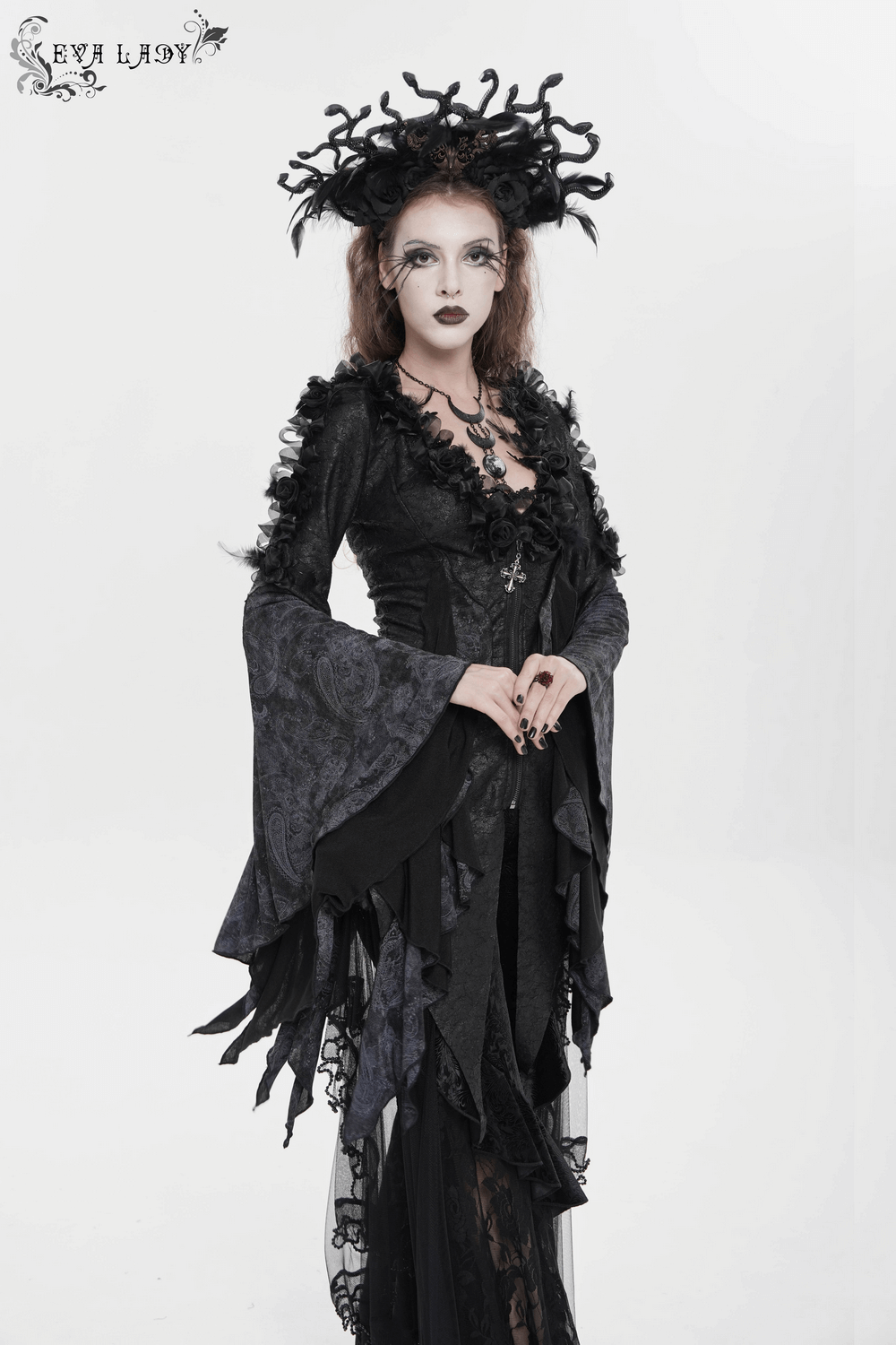 Edgy Lace-Up Blouse with Rose Trim and Bell Sleeves