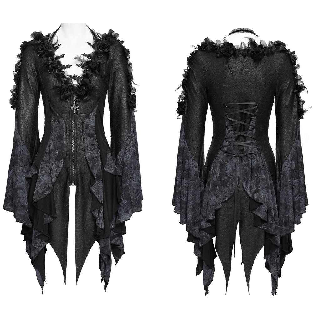 Edgy Lace-Up Blouse with Rose Trim and Bell Sleeves