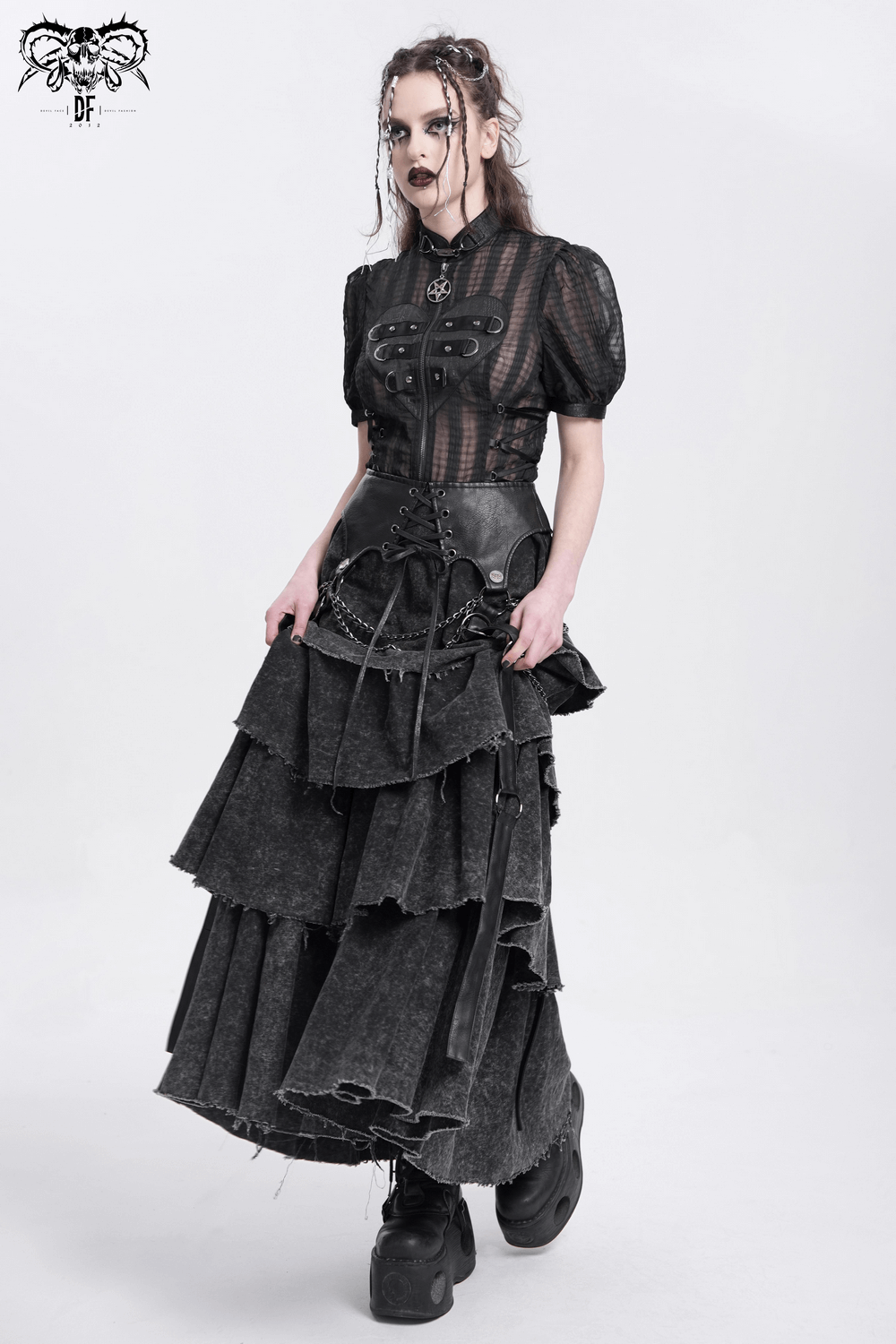 Edgy Layered Gothic Skirt with Chains and Lace-Up